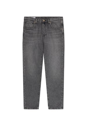 Proste, ciemnoszare dżinsy denimowe z przednimi kieszeniami, zapięciem na guziki i szlufkami na pasek, przedstawione na płasko na białym tle.