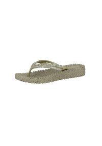 Enkele beige slipper met een getextureerde gevlochten zool en dunne bandjes versierd met kleine fonkelende rhinestones.