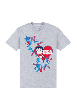 Szary T-shirt z krótkim rękawem, z grafiką postaci, czerwonymi i niebieskimi gwiazdami oraz napisem "USA" wewnątrz czerwonego serca. Wykonany z bawełnianego materiału, o klasycznym kroju.