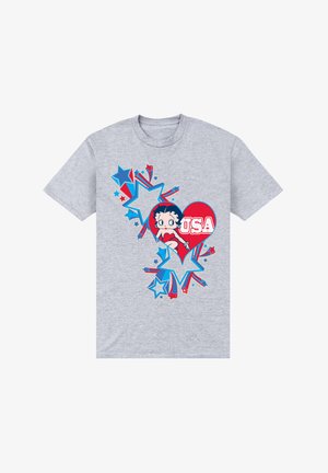 Graues Kurzarm-T-Shirt mit einem Grafikdesign eines Charakters, roten und blauen Sternen sowie dem Text "USA" innerhalb eines roten Herzens. Aus Baumwollmaterial, normale Passform.