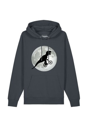 Dunkelgrauer Hoodie mit einer Dinosaurier-Silhouette, die vor einer großen Vollmond-Grafik Fahrrad fährt.
