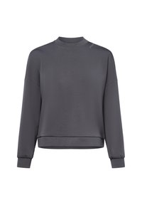 Sudadera gris oscuro con un alto cuello, mangas largas, dobladillo ligeramente corto y una textura suave. Branding sutil en el hombro.