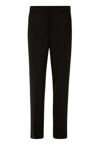 Zwarte broek van gladde stof, met een rechte snit, riemlussen en zijzakken. Eenvoudig ontwerp zonder versieringen.