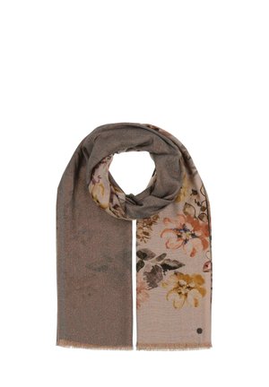 Floral-patterned scarf featuring a soft, lightweight fabric in shades of brown, beige, and pink with fringe edges and subtle shimmer.