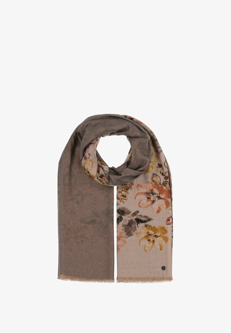 Sciarpa con motivo floreale in tessuto morbido e leggero, nelle tonalità di marrone, beige e rosa, con bordi frangiati e un leggero luccichio.
