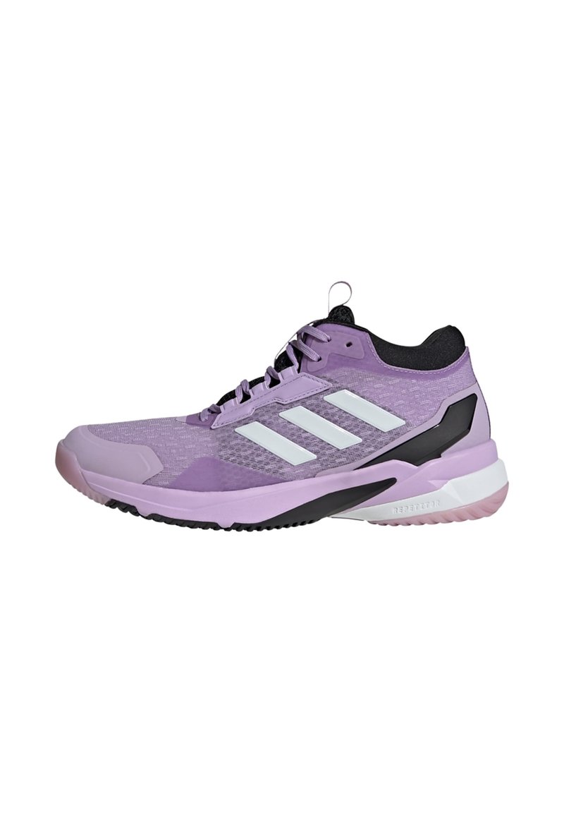 Purple athletic shoe with mesh upper, white three-stripe logo, black accents, and rubber sole, featuring a textured design and reinforced heel.