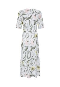 Robe midi blanche avec des manches longues jusqu'au coude, ornée d'un motif floral pastel aux tons rose, jaune et vert.