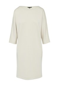 Hellbeiges Kleid aus glattem Stoff, mit einem Bootauschnitt und kurzen Ärmeln. Das Design ist locker geschnitten und hat eine gerade Silhouette.