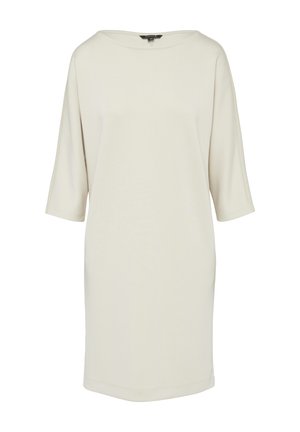 Hellbeiges Kleid aus glattem Stoff, mit einem Bootauschnitt und kurzen Ärmeln. Das Design ist locker geschnitten und hat eine gerade Silhouette.