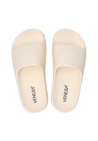 Cream-colored slide sandals with a matte finish, wide strap, and contoured footbed. Brand logo "VENEZIA" printed on the insole.
