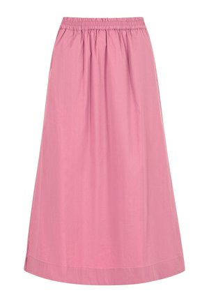 Falda rosa de longitud media, suelta, con cintura elástica y bolsillos laterales, hecha de tela ligera.