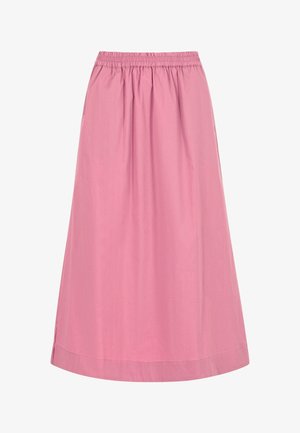 Falda rosa de longitud media, suelta, con cintura elástica y bolsillos laterales, hecha de tela ligera.