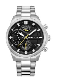 Srebrna ura iz nerjavečega jekla z črnim ciferblatom, funkcijami kronografa, rumenimi poudarki in zasnovo povezanega zapestja.