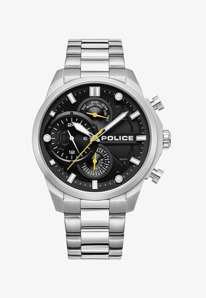 Sølv rustfrit stål ur med sort urskive, kronograffunktioner, gule accenter og et linked armbånddesign.