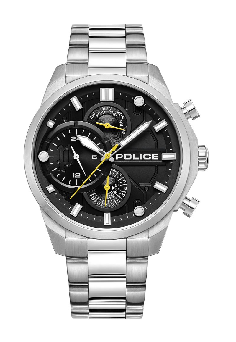 Srebrna ura iz nerjavečega jekla z črnim ciferblatom, funkcijami kronografa, rumenimi poudarki in zasnovo povezanega zapestja.