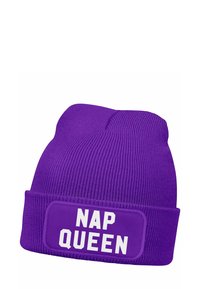 Purple knit beanie with a folded cuff. Features a rectangular patch reading "NAP QUEEN" in bold white letters. Textured fabric design.