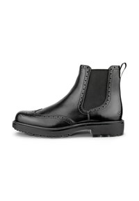Black leather Chelsea boots with brogue detailing, elastic side panels, and a rugged tread sole. Features a pull tab at the rear for easy wear.