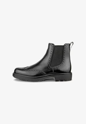 Schwarze Leder-Chelsea-Stiefel mit Brogue-Dekor, elastischen Seitenteilen und einer robusten Profilsohle. Mit einer Zuglasche an der Rückseite für einfaches Anziehen.