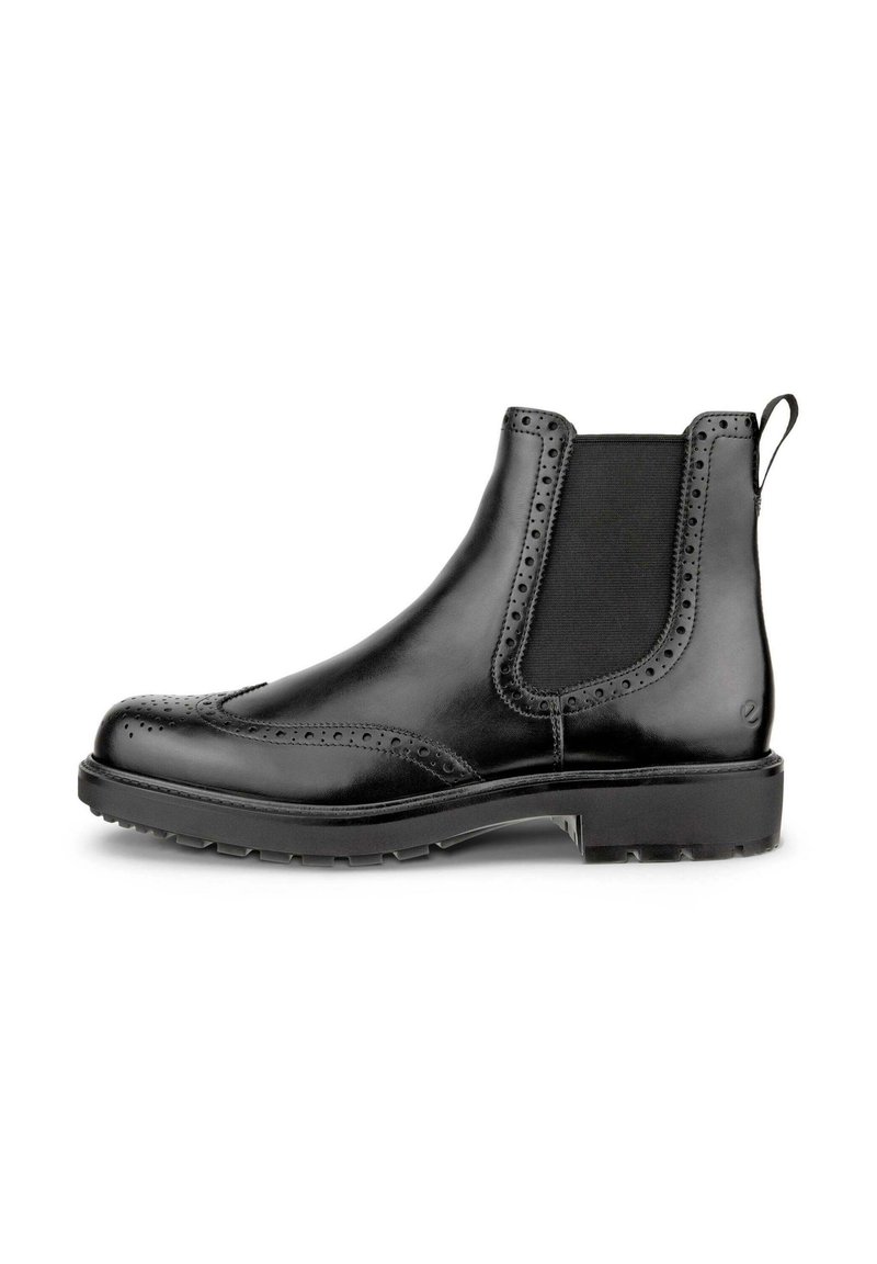 Black leather Chelsea boots with brogue detailing, elastic side panels, and a rugged tread sole. Features a pull tab at the rear for easy wear.