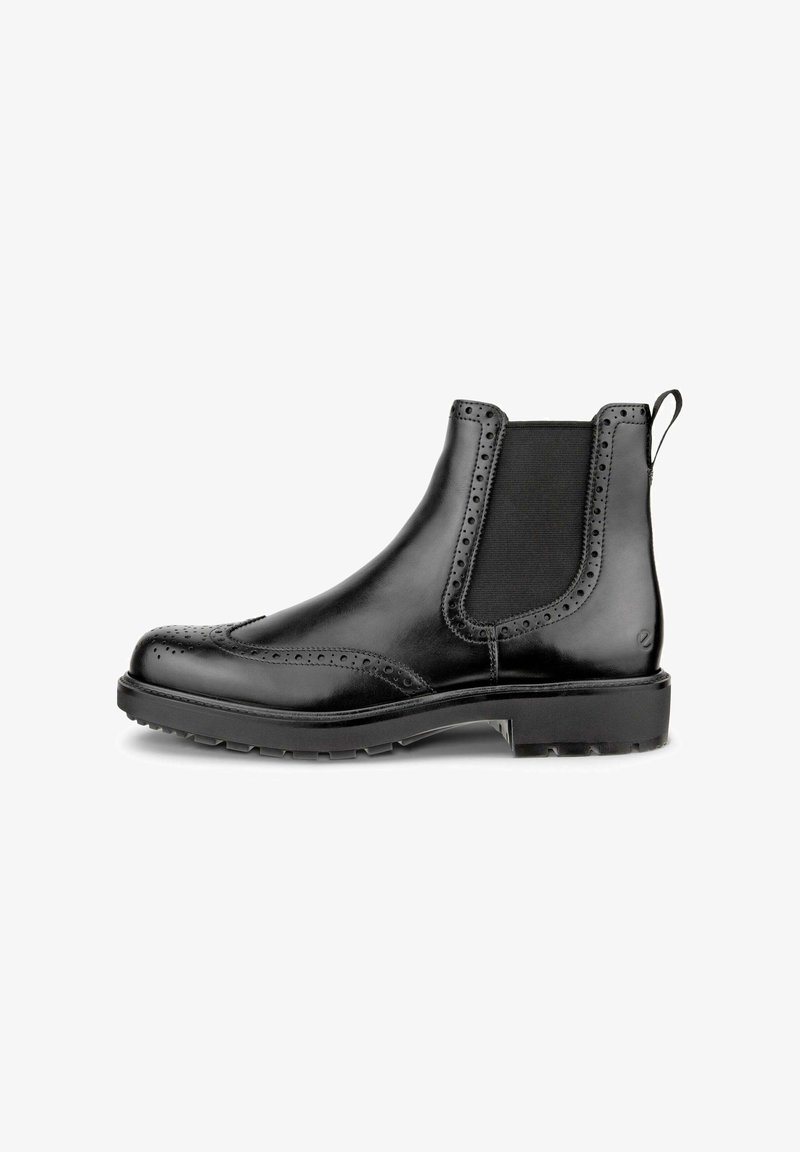 Sorte læder Chelsea støvler med brogue-detaljer, elastiske sidestykker og en robust sål med mønster. Har en løkke bagpå for nem påtagning.