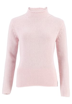 Pull tricoté rose clair à manches longues avec col montant côtelé, présenté sur un fond blanc.