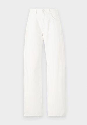 Jeans bianchi a gamba larga in cotone, con vita alta, due tasche frontali e chiusura a un bottone con zip.