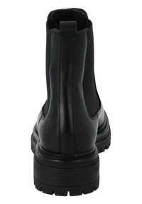 Stivaletto in pelle nera con pannelli elasticizzati ai lati, punta rotonda e suola in gomma resistente. Presenta un linguetta sul retro per un facile indossamento.
