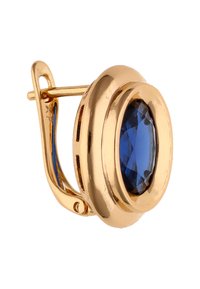 Goldfarbene Creolen mit ovalem blauen Edelstein in der Mitte. Glatte, glänzende Oberfläche mit geschichtetem kreisförmigem Design und sicherem Verschluss.