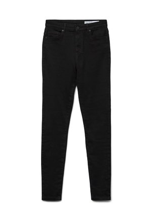 Zwarte hoge taille skinny jeans met voor- en achterzakken, knoop- en ritssluiting, en een Vero Moda-label op de tailleband.