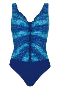 Maillot de bain une pièce en tissu texturé bleu et aqua avec un motif de vagues, détails froncés au niveau du col, et une partie inférieure bleue unie.
