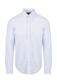 Lichtblauw en wit gestreepte lange mouwen shirt met een button-down kraag, voorknopjes en afgeronde zoom. Katoenen stof, gladde textuur.