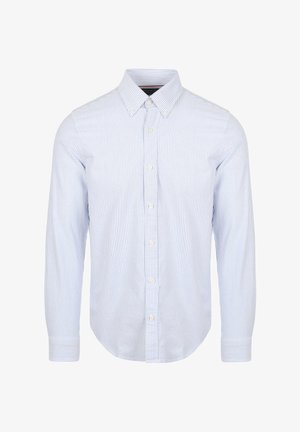 Lichtblauw en wit gestreepte lange mouwen shirt met een button-down kraag, voorknopjes en afgeronde zoom. Katoenen stof, gladde textuur.
