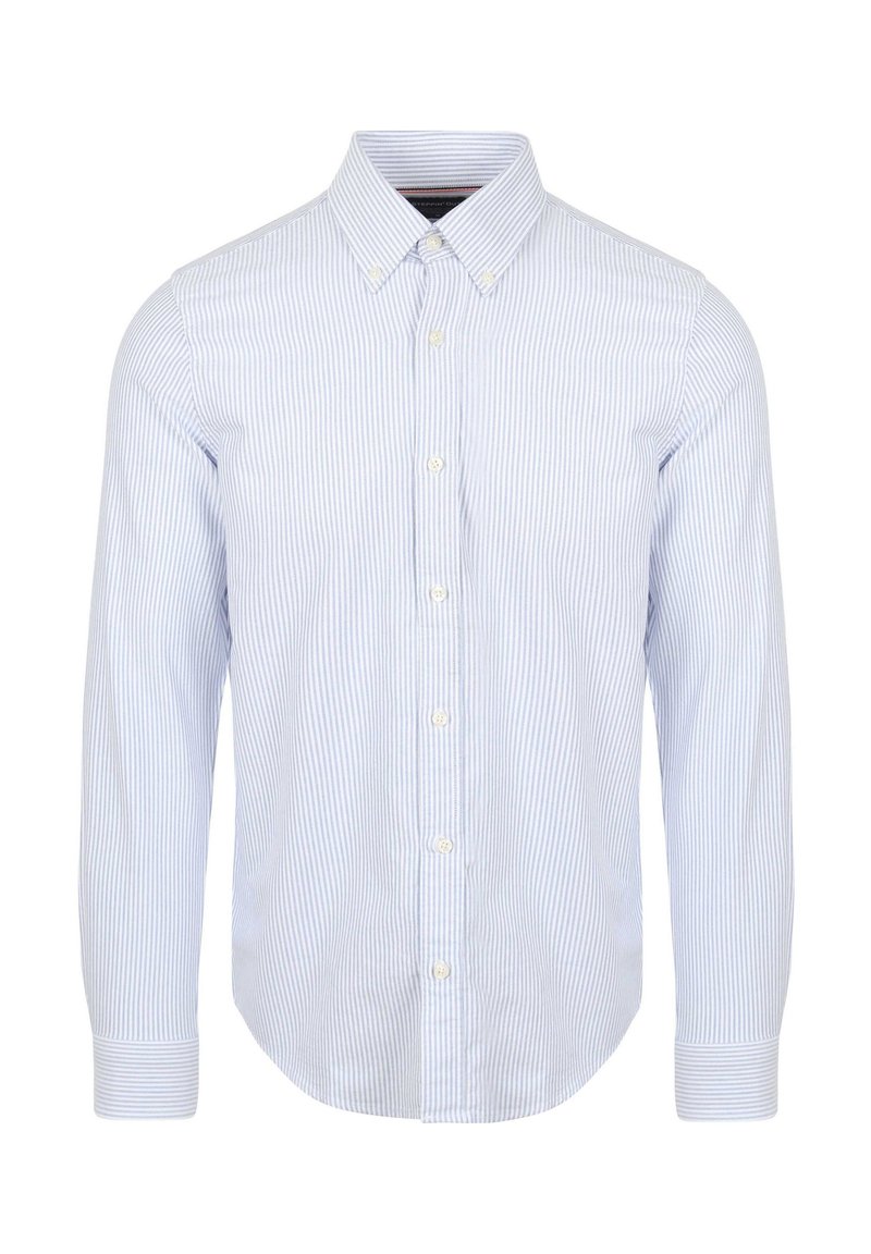Lichtblauw en wit gestreepte lange mouwen shirt met een button-down kraag, voorknopjes en afgeronde zoom. Katoenen stof, gladde textuur.