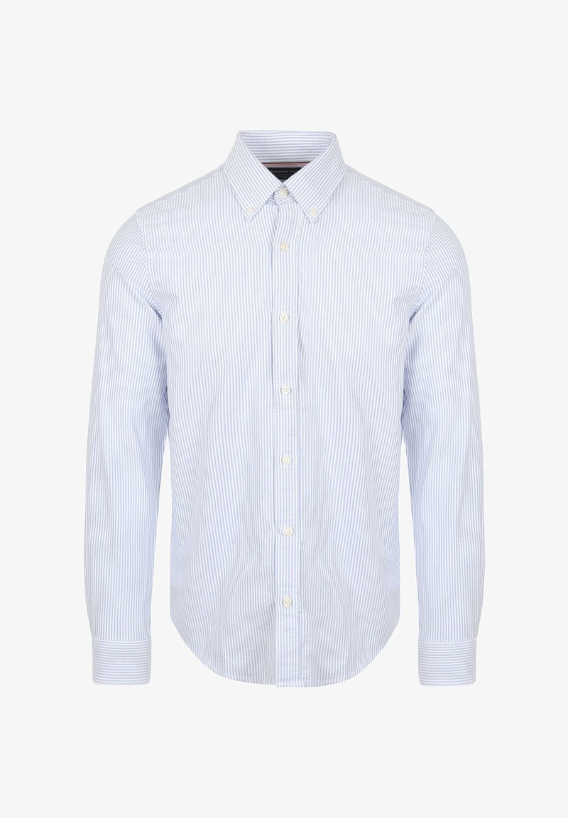 Lichtblauw en wit gestreepte lange mouwen shirt met een button-down kraag, voorknopjes en afgeronde zoom. Katoenen stof, gladde textuur.
