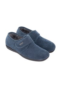 Zapatillas de corduroy azul con una correa de velcro, suave forro interior, diseño de puntera redonda y suela de goma negra sólida.