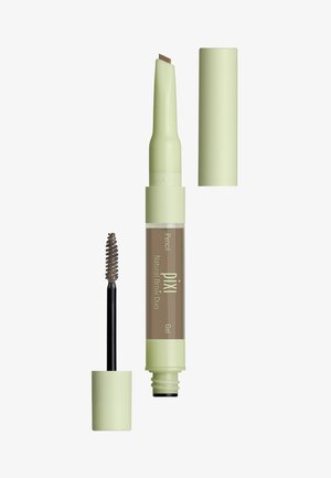 Dubbelzijdig wenkbrauwproduct met een lichtgroene verpakking. Bevat aan de ene kant een potlood en aan de andere kant een gelapplicator met een klein penseel.