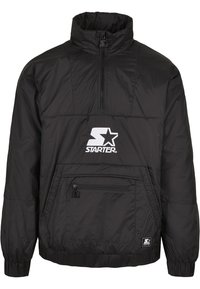 Black pullover jacket made of lightweight nylon with a high neck, half-zip, front pouch pocket, and a white "Starter" logo on the chest.