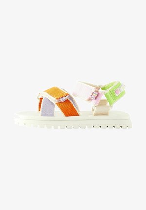 Bunte Sandalen mit verstellbaren Riemen in Orange, Lavendel, Pink und Grün, ausgestattet mit einer weißen Gummisohle und strukturiertem Profil.