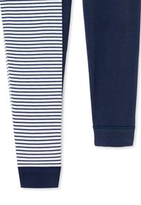 Marinblå og hvide stribede leggings med en split-design, blødt bomuldsstof, med afsluttede ankler og en glat tekstur.