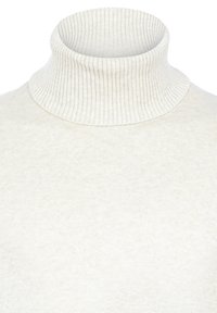Hellbeige Rollkragenpullover aus geripptem Strickmaterial. Verfügt über einen hohen Kragen und eine glatte Textur.