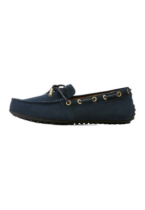 Navy blue suede boat shoe with gold eyelets, textured lacing, and a low-profile rubber sole. Features a braided detail at the front.