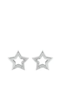 Silverstjärnformade örhängen med öppna centrum och inbäddade små glittrande kristaller på ena sidan.