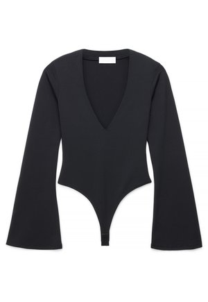 Zwarte langarm body met diepe V-hals en uitlopende manchetten, voorzien van drukknopen aan de onderkant.