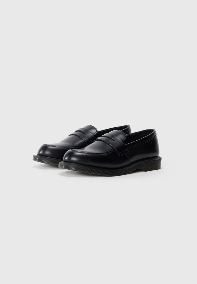 Black leather loafers with a smooth texture, rounded toe, and dual strap accents. Rubber soles provide grip and durability.