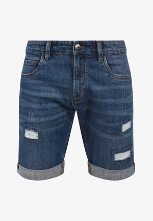 Donkerblauwe denimshorts met een vervaagde afwerking. Heeft gescheurde details en opgerolde zomen. Vijf-pocket stijl.