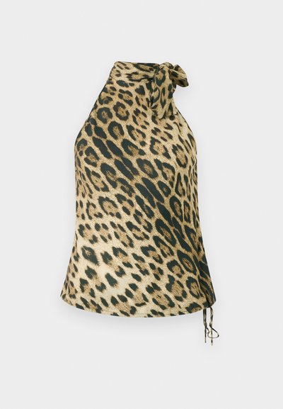Halter-top s uzorkom leopard čega u mekanom materijalu. Sadrži vezanje za vrat i dekorativne vezice na rubu. Paleta boja uključuje bež i tamnozelenu.