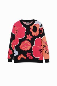 Maglione lavorato a maglia con sfondo nero e grandi motivi floreali colorati in rosa, arancio e azzurro. Collo a giro e maniche lunghe.