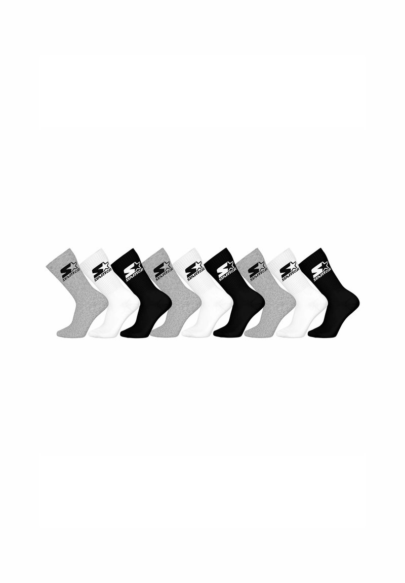 Nove paia di calze a crew in grigio, bianco e nero, ciascuna con il logo "Starter" e una stella sul bordo superiore, disposte in fila.