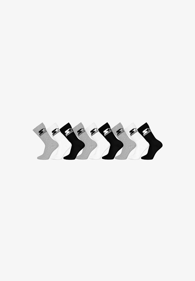 Neun Paare Crew-Socken in Grau, Weiß und Schwarz, jeweils mit einem "Starter"-Logo und Stern am oberen Bündchen, in einer Reihe angeordnet.