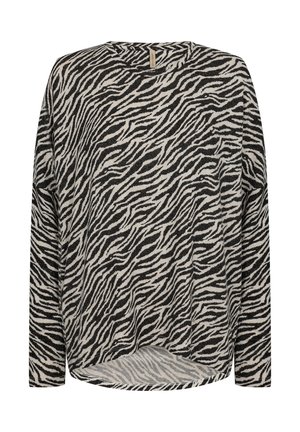 Long-sleeve top in a soft fabric, featuring a black and cream zebra stripe pattern; round neckline and a slightly curved hem.